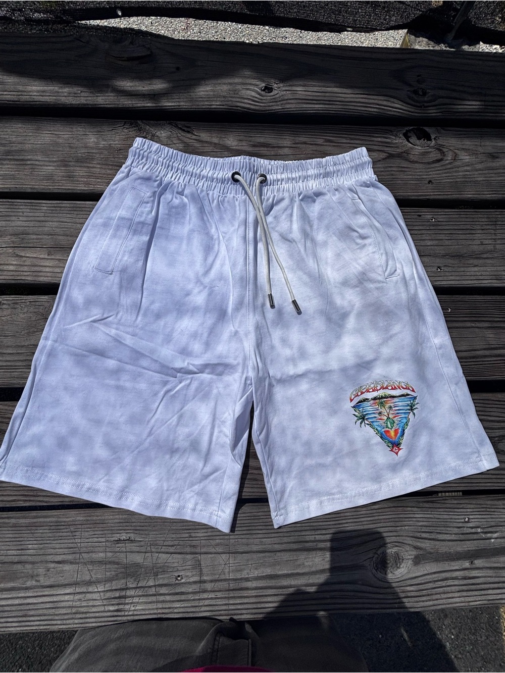 Men's White Drawstring Shorts with Tropical Patch